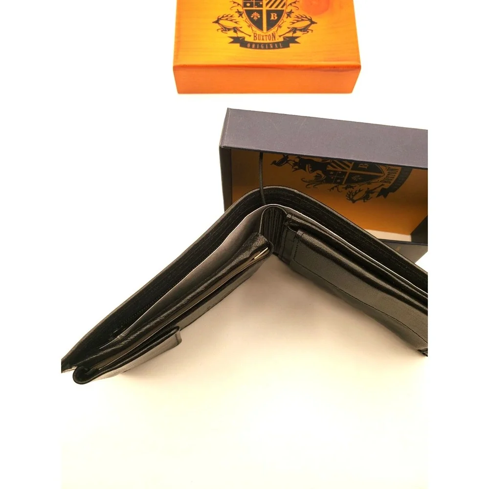 NIB Buxton Black Genuine Leather Bifold Men's Wallet w/Wooden Buxton Box